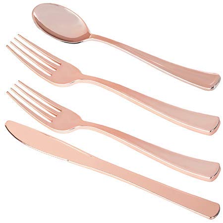 200 Piece Plastic Silverware Set | Rose Gold Cutlery | Disposable Flatware | 100 Forks 50 Spoons 50 Knives (50 Guests) by Bazaarqix