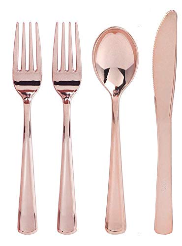 200 Piece Plastic Silverware Set | Rose Gold Cutlery | Disposable Flatware | 100 Forks 50 Spoons 50 Knives (50 Guests) by Bazaarqix