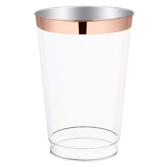 50 Rose Gold Rimmed Clear Hard Plastic Cups | 12 oz. Fancy Disposable Wedding Tumblers for Party & Wedding (50-Pack) by Bazaarqix