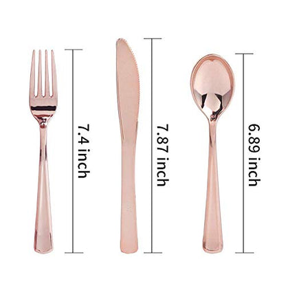 25 Guest Disposable Rose Gold Party Dinnerware Set | Heavy Duty Plastic Plates & Silverware | Wedding Tableware set 50 Forks, 25 Spoons, 25 Knives, 25 Dinner Plates, 25 Dessert Plates (150 pieces)