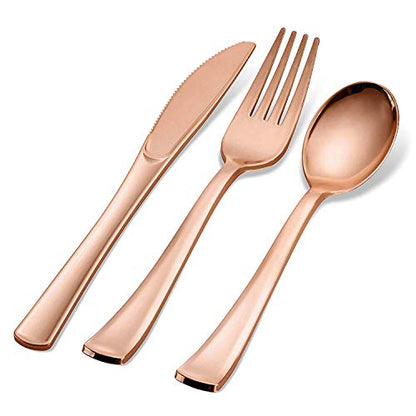 200 Piece Plastic Silverware Set | Rose Gold Cutlery | Disposable Flatware | 100 Forks 50 Spoons 50 Knives (50 Guests) by Bazaarqix