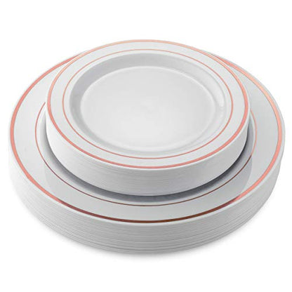 25 Guest Disposable Rose Gold Party Dinnerware Set | Heavy Duty Plastic Plates & Silverware | Wedding Tableware set 50 Forks, 25 Spoons, 25 Knives, 25 Dinner Plates, 25 Dessert Plates (150 pieces)