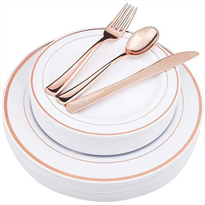 25 Guest Disposable Rose Gold Party Dinnerware Set | Heavy Duty Plastic Plates & Silverware | Wedding Tableware set 50 Forks, 25 Spoons, 25 Knives, 25 Dinner Plates, 25 Dessert Plates (150 pieces)