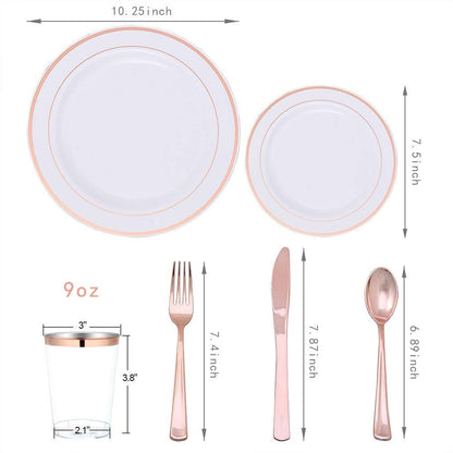 25 Guest Disposable Rose Gold Dinnerware Set | Heavy Duty Plastic Plates, Cups & Silverware | 50 Forks, 25 Spoons, 25 Dessert Spoons, 25 Knives, 25 Dinner Plates, 25 Dessert Plates, 25 Soup Bowls