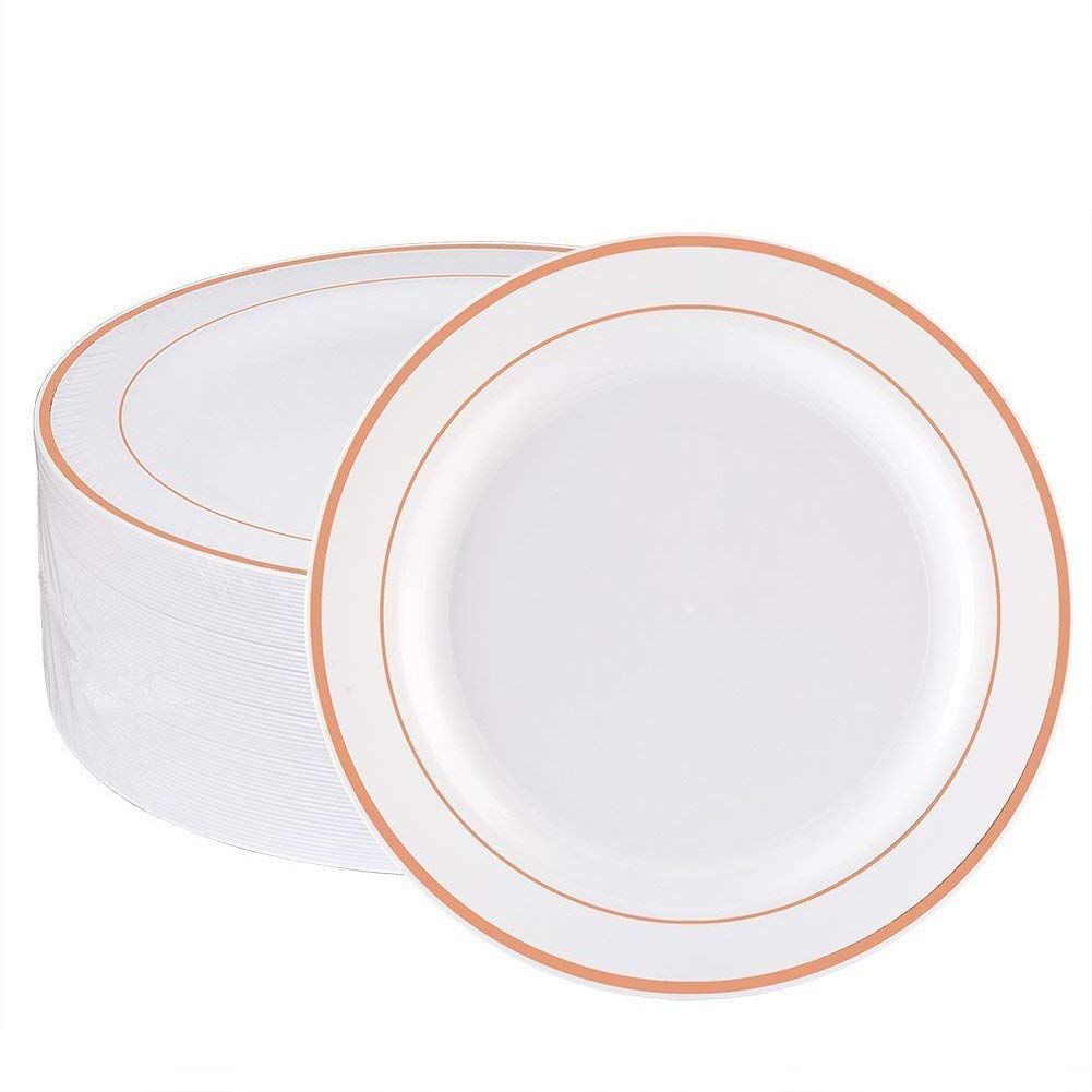 50 Large Plastic Disposable Dinner Plates | 10.25 inches White with Rose Gold Rim Real China Look | Ideal for Weddings, Parties, Catering – Heavy Duty & Non-Toxic (50-Pack) by Bazaarqix