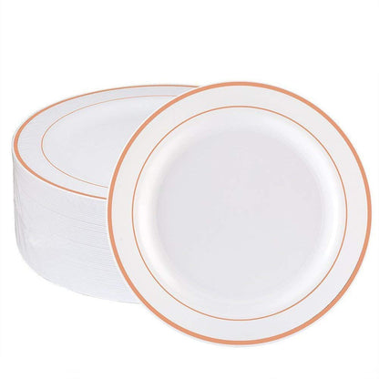 50 Large Plastic Disposable Dinner Plates | 10.25 inches White with Rose Gold Rim Real China Look | Ideal for Weddings, Parties, Catering – Heavy Duty & Non-Toxic (50-Pack) by Bazaarqix