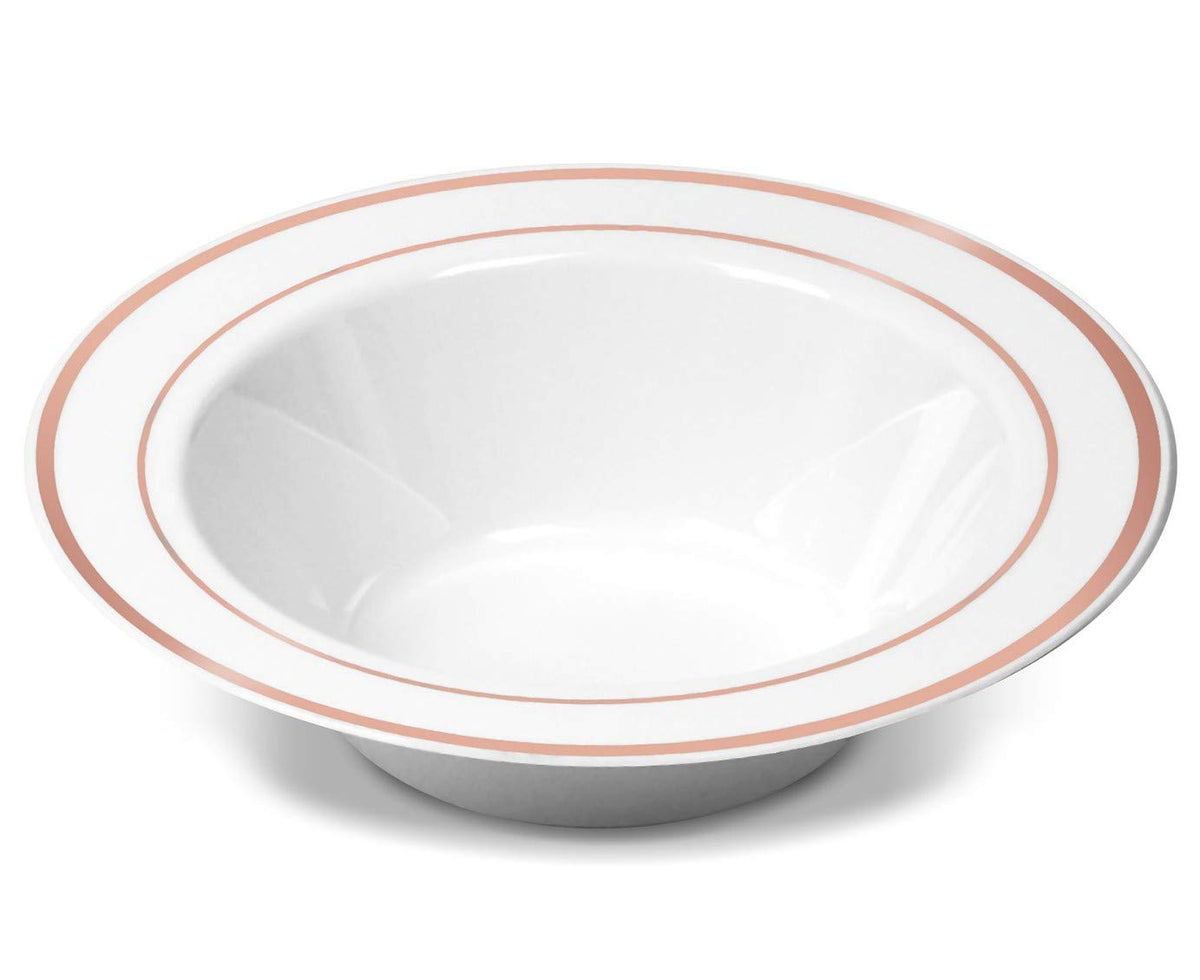 Disposable White Rose Gold Rimmed Plastic Dessert Bowls | SMALL 6 oz. Premium Heavy Duty Disposable Dinnerware with Real China Design | Safe & Reusable and Great for Parties (50-Pack) by Bazaarqix