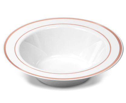 Disposable White Rose Gold Rimmed Plastic Dessert Bowls | SMALL 6 oz. Premium Heavy Duty Disposable Dinnerware with Real China Design | Safe & Reusable and Great for Parties (50-Pack) by Bazaarqix