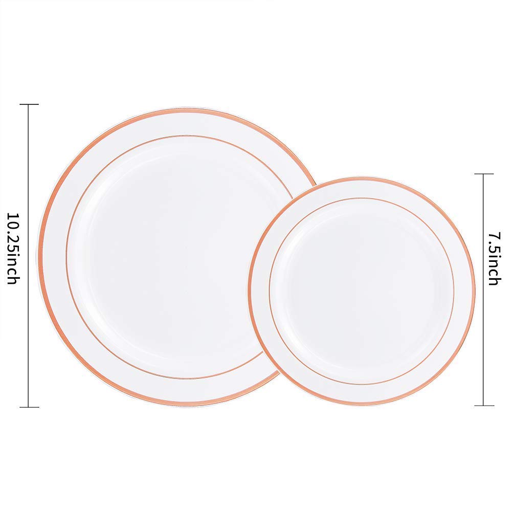 25 Guest Disposable Rose Gold Dinnerware Set | Heavy Duty Plastic Plates, Cups & Silverware. 50 Forks, 25 Spoons, 25 Knives, 25 Dinner Plates, 25 Dessert Plates & 25 Rose Gold Rimmed Tumblers (175 pc)