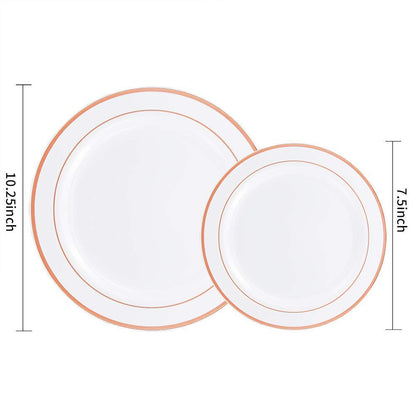 25 Guest Disposable Rose Gold Dinnerware Set | Heavy Duty Plastic Plates, Cups & Silverware. 50 Forks, 25 Spoons, 25 Knives, 25 Dinner Plates, 25 Dessert Plates & 25 Rose Gold Rimmed Tumblers (175 pc)