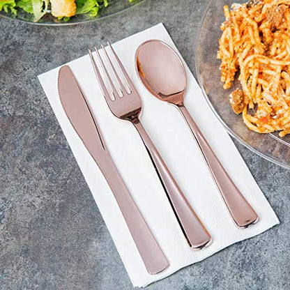 25 Guest Disposable Rose Gold Party Dinnerware Set | Heavy Duty Plastic Plates & Silverware | Wedding Tableware set 50 Forks, 25 Spoons, 25 Knives, 25 Dinner Plates, 25 Dessert Plates (150 pieces)