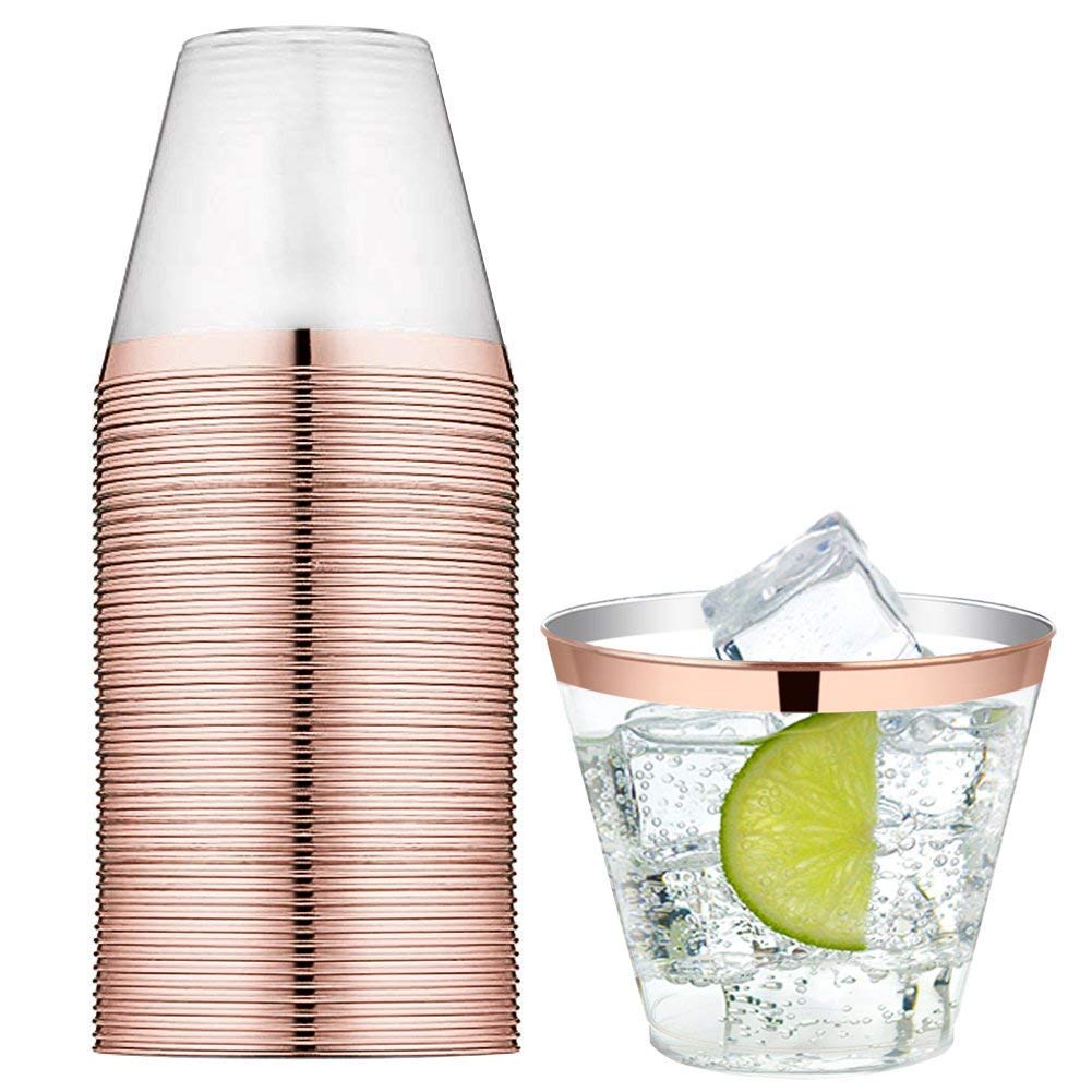 100 Rose Gold Rimmed Clear Hard Plastic Cups | 9 oz. Fancy Disposable Tumblers (100-Pack) by Bazaarqix