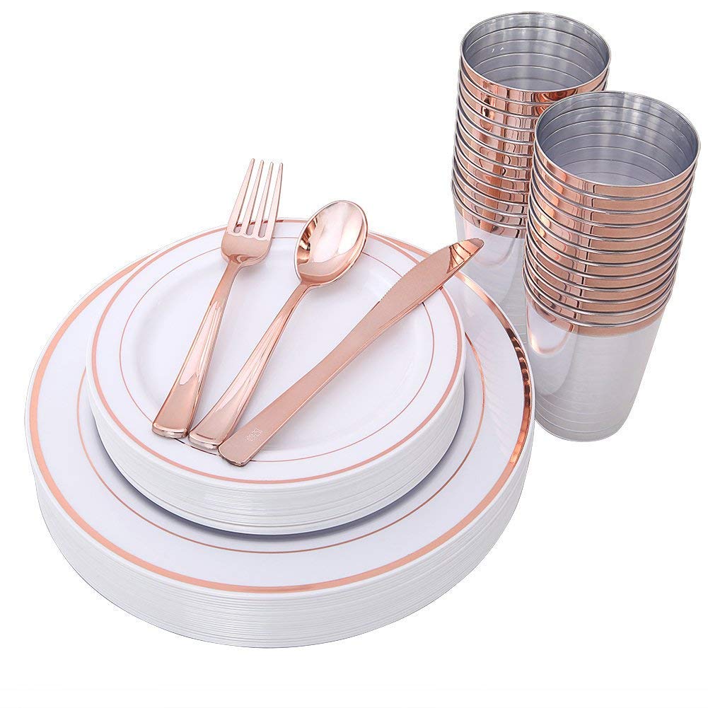 25 Guest Disposable Rose Gold Dinnerware Set | Heavy Duty Plastic Plates, Cups & Silverware. 50 Forks, 25 Spoons, 25 Knives, 25 Dinner Plates, 25 Dessert Plates & 25 Rose Gold Rimmed Tumblers (175 pc)