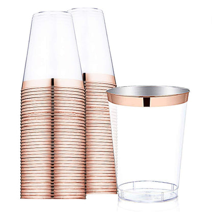 50 Rose Gold Rimmed Clear Hard Plastic Cups | 12 oz. Fancy Disposable Wedding Tumblers for Party & Wedding (50-Pack) by Bazaarqix