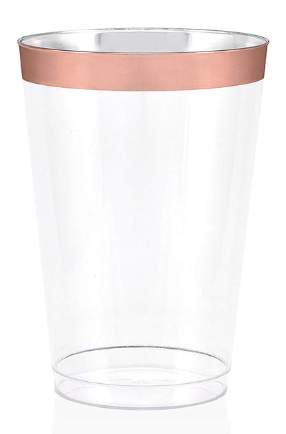 50 Rose Gold Rimmed Clear Hard Plastic Cups | 16 oz. Fancy Disposable Wedding Tumblers for Party & Wedding (50-Pack)