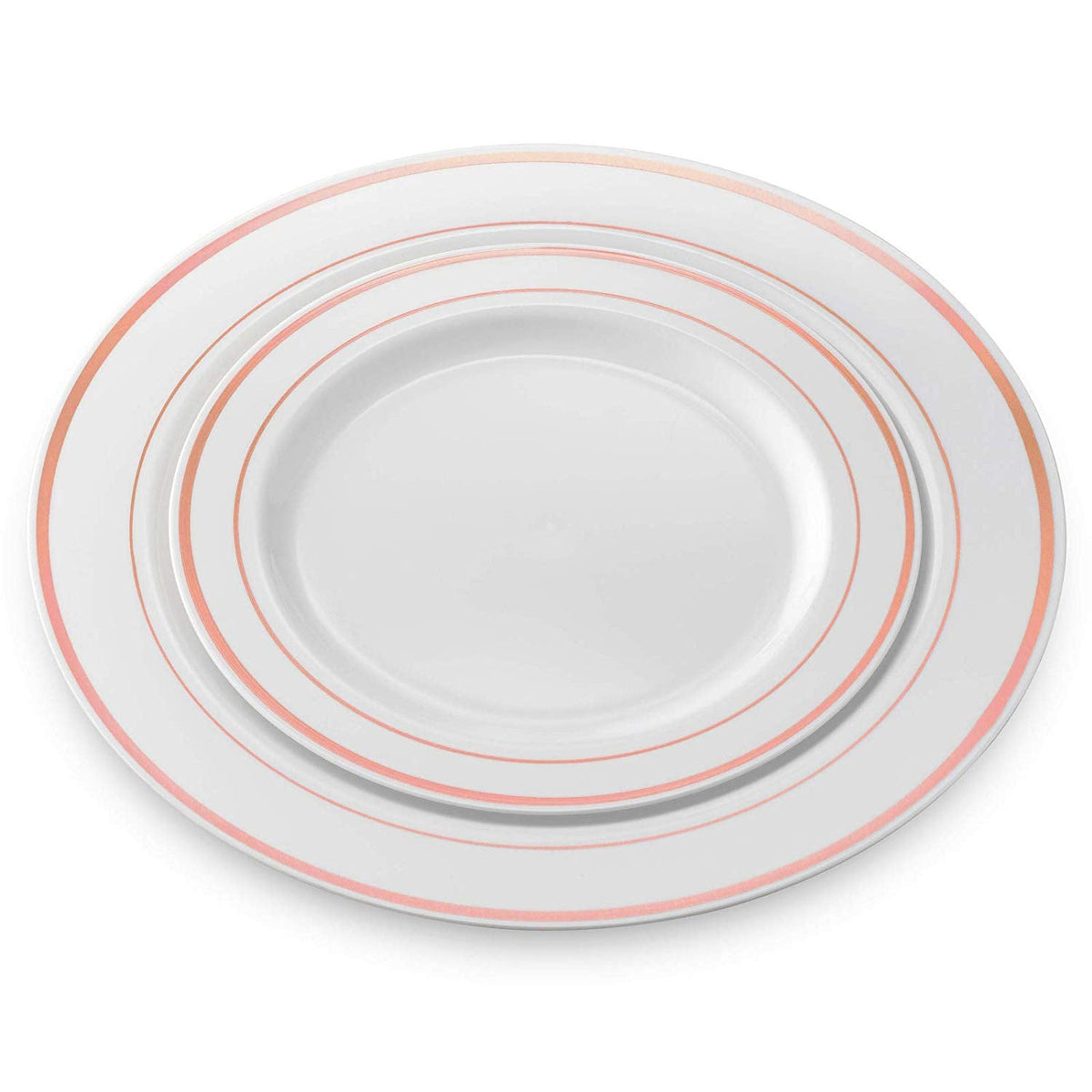 50 Disposable White Rose Gold Rimmed Heavy Duty Plastic Plates | 25 Dinner Plates and 25 Dessert or Appetizer Plates | Premium Combo Disposable Dinnerware Set | Great for Parties or Weddings.