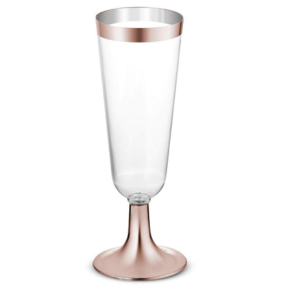 50 Plastic Rose Gold Rimmed Champagne Flutes | 5.5 oz. Clear Hard Disposable Party & Wedding Cups | Premium Heavy Duty Fancy Champagne Flute or Toasting Glasses (50-Pack) Gold Rim by Bazaarqix