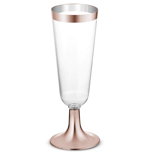 50 Plastic Rose Gold Rimmed Champagne Flutes | 5.5 oz. Clear Hard Disposable Party & Wedding Cups | Premium Heavy Duty Fancy Champagne Flute or Toasting Glasses (50-Pack) Gold Rim by Bazaarqix