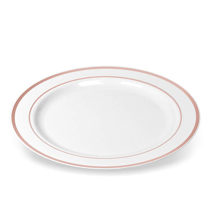 50 Disposable White Rose Gold Rimmed Heavy Duty Plastic Plates | 25 Dinner Plates and 25 Dessert or Appetizer Plates | Premium Combo Disposable Dinnerware Set | Great for Parties or Weddings.