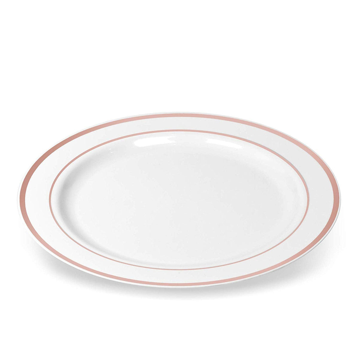 50 Large Plastic Disposable Dinner Plates | 10.25 inches White with Rose Gold Rim Real China Look | Ideal for Weddings, Parties, Catering – Heavy Duty & Non-Toxic (50-Pack) by Bazaarqix