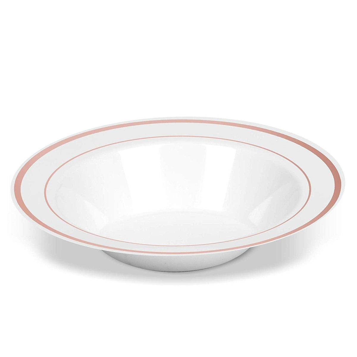 50 Disposable White with Rose Gold Trim Plastic Soup Bowls | 14 oz. Premium Heavy Duty Disposable Dinnerware with Real China Design | Safe & Reusable and Great for Parties or Weddings. (50-Pack)