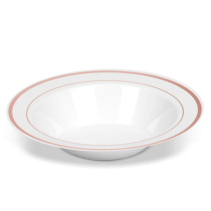50 Disposable White with Rose Gold Trim Plastic Soup Bowls | 14 oz. Premium Heavy Duty Disposable Dinnerware with Real China Design | Safe & Reusable and Great for Parties or Weddings. (50-Pack)