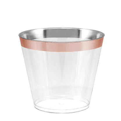 100 Rose Gold Rimmed Clear Hard Plastic Cups | 9 oz. Fancy Disposable Tumblers (100-Pack) by Bazaarqix