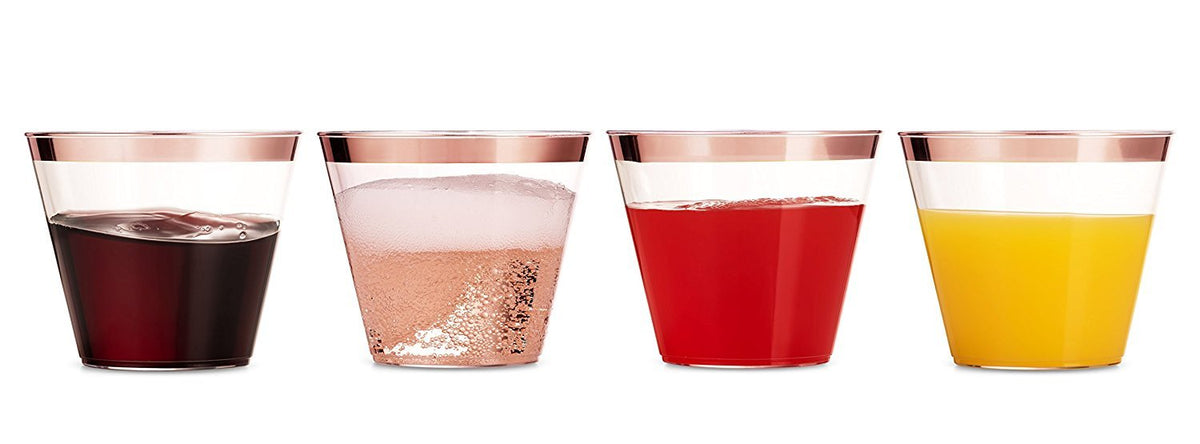 100 Rose Gold Rimmed Clear Hard Plastic Cups | 9 oz. Fancy Disposable Tumblers (100-Pack) by Bazaarqix