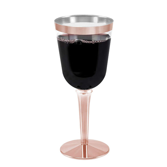 25 Rose Gold Rimmed Disposable Plastic Wine Glasses | Large 10 oz. Premium Clear Hard Plastic Fancy Wine Cups for Weddings & Events (25-Pack) by Bazaarqix