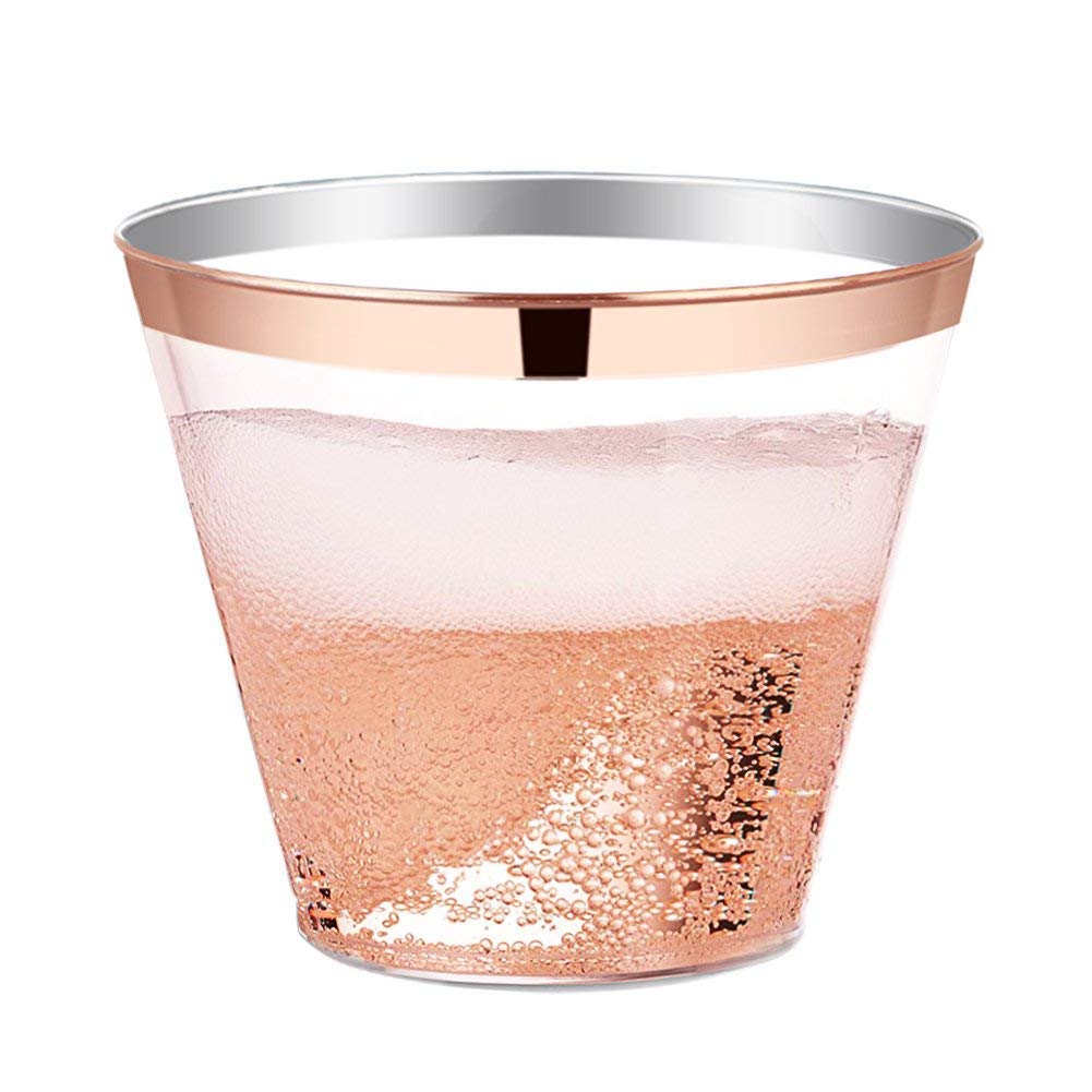 100 Rose Gold Rimmed Clear Hard Plastic Cups | 9 oz. Fancy Disposable Tumblers (100-Pack) by Bazaarqix
