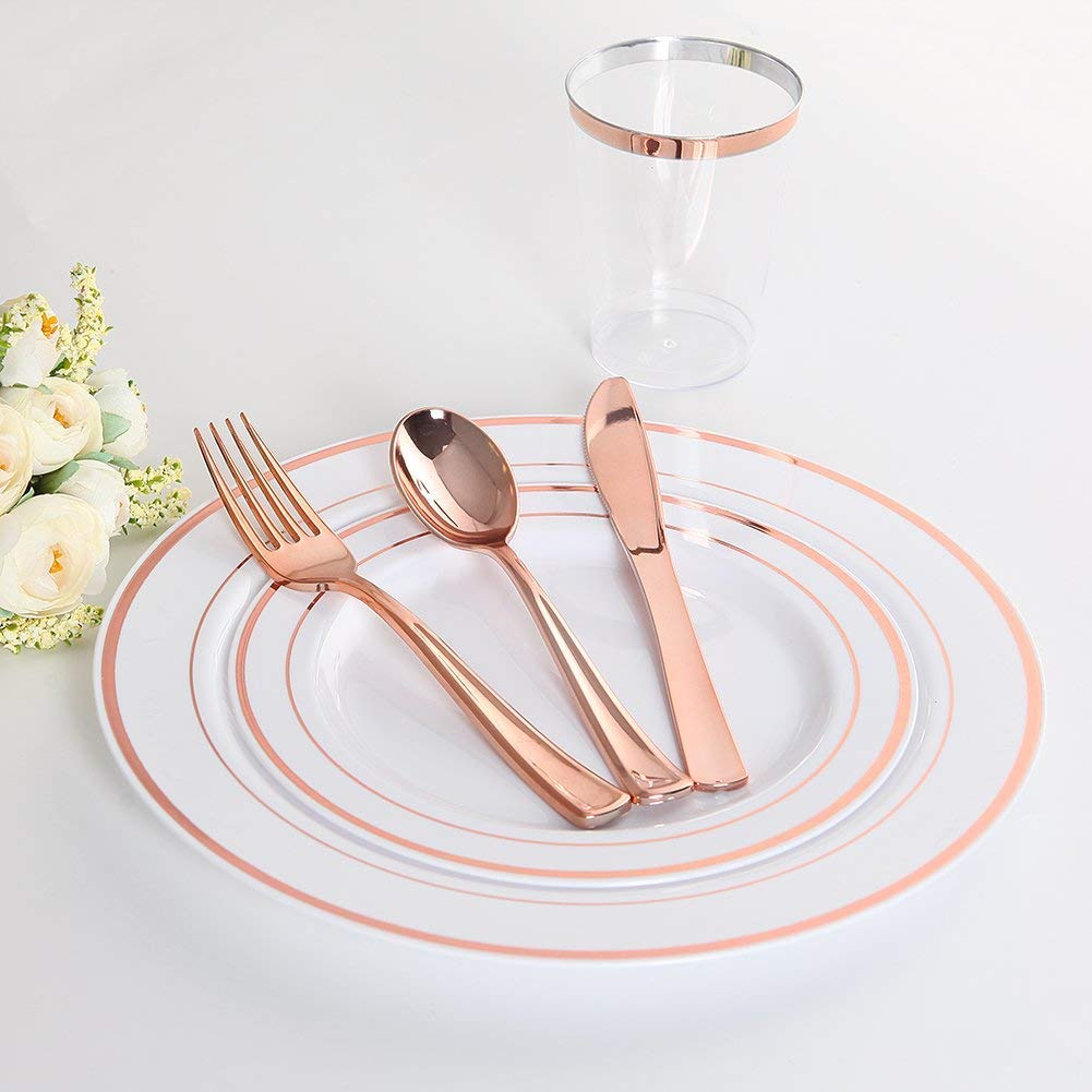 25 Guest Disposable Rose Gold Dinnerware Set | Heavy Duty Plastic Plates, Cups & Silverware. 50 Forks, 25 Spoons, 25 Knives, 25 Dinner Plates, 25 Dessert Plates & 25 Rose Gold Rimmed Tumblers (175 pc)
