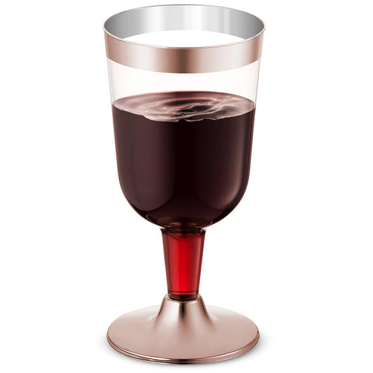 50-Pack Rose Gold Rimmed Disposable Wine Glasses | 7 oz. Premium Clear Hard Plastic Fancy Wine Cups (50-Pack) by Bazaarqix