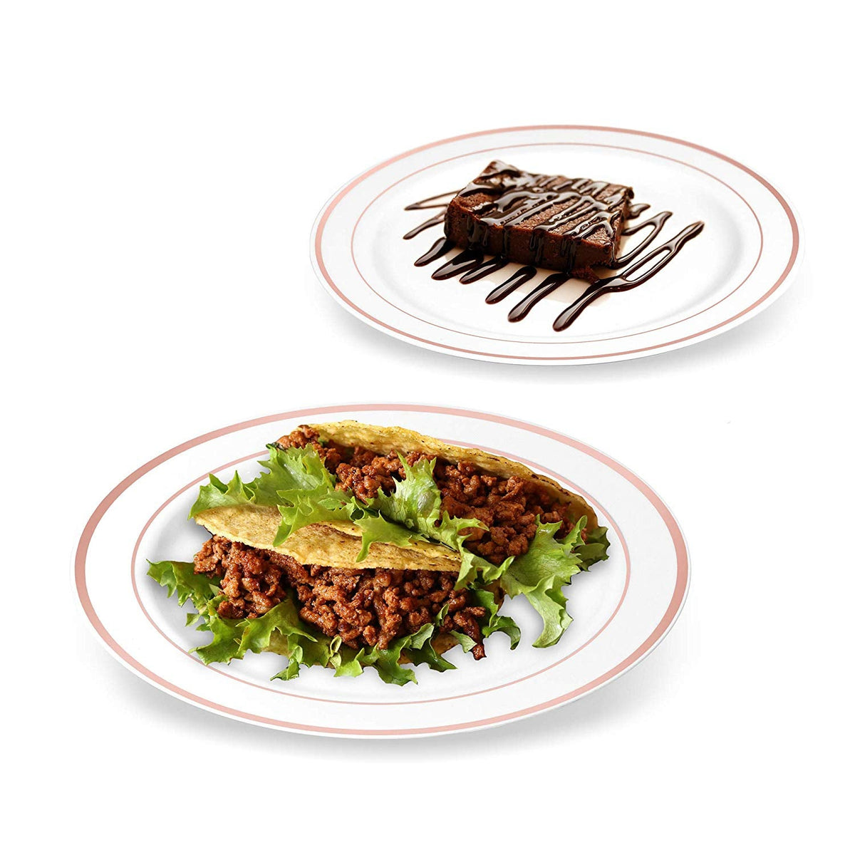 50 Disposable White Rose Gold Rimmed Heavy Duty Plastic Plates | 25 Dinner Plates and 25 Dessert or Appetizer Plates | Premium Combo Disposable Dinnerware Set | Great for Parties or Weddings.