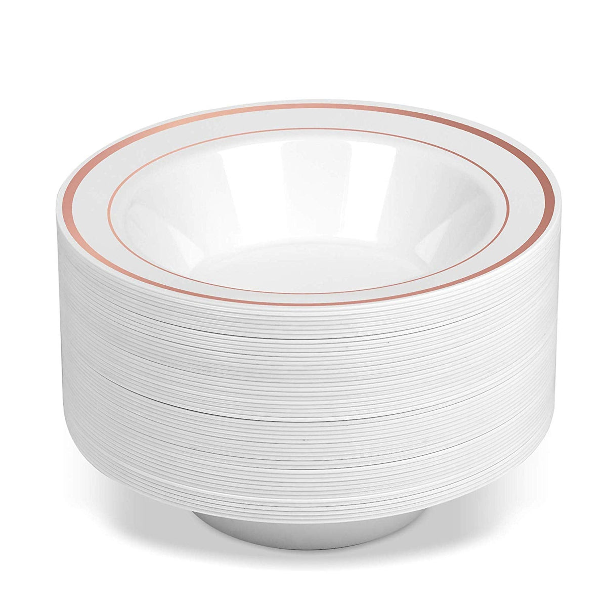 50 Disposable White with Rose Gold Trim Plastic Soup Bowls | 14 oz. Premium Heavy Duty Disposable Dinnerware with Real China Design | Safe & Reusable and Great for Parties or Weddings. (50-Pack)