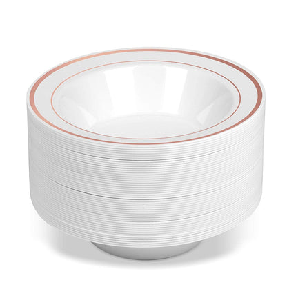 50 Disposable White with Rose Gold Trim Plastic Soup Bowls | 14 oz. Premium Heavy Duty Disposable Dinnerware with Real China Design | Safe & Reusable and Great for Parties or Weddings. (50-Pack)