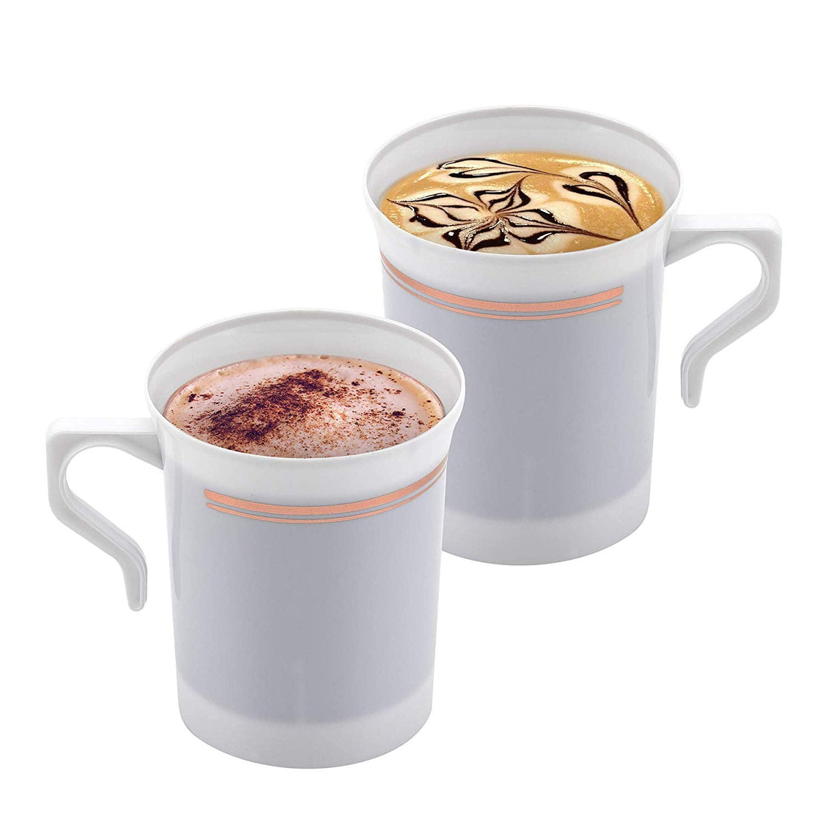 50 Heavyweight Disposable Plastic 8 oz. Coffee Mugs with Rose Gold Trim | Tea, Cappuccino, Espresso Cups with Handles (50-Pack) by Bazaarqix