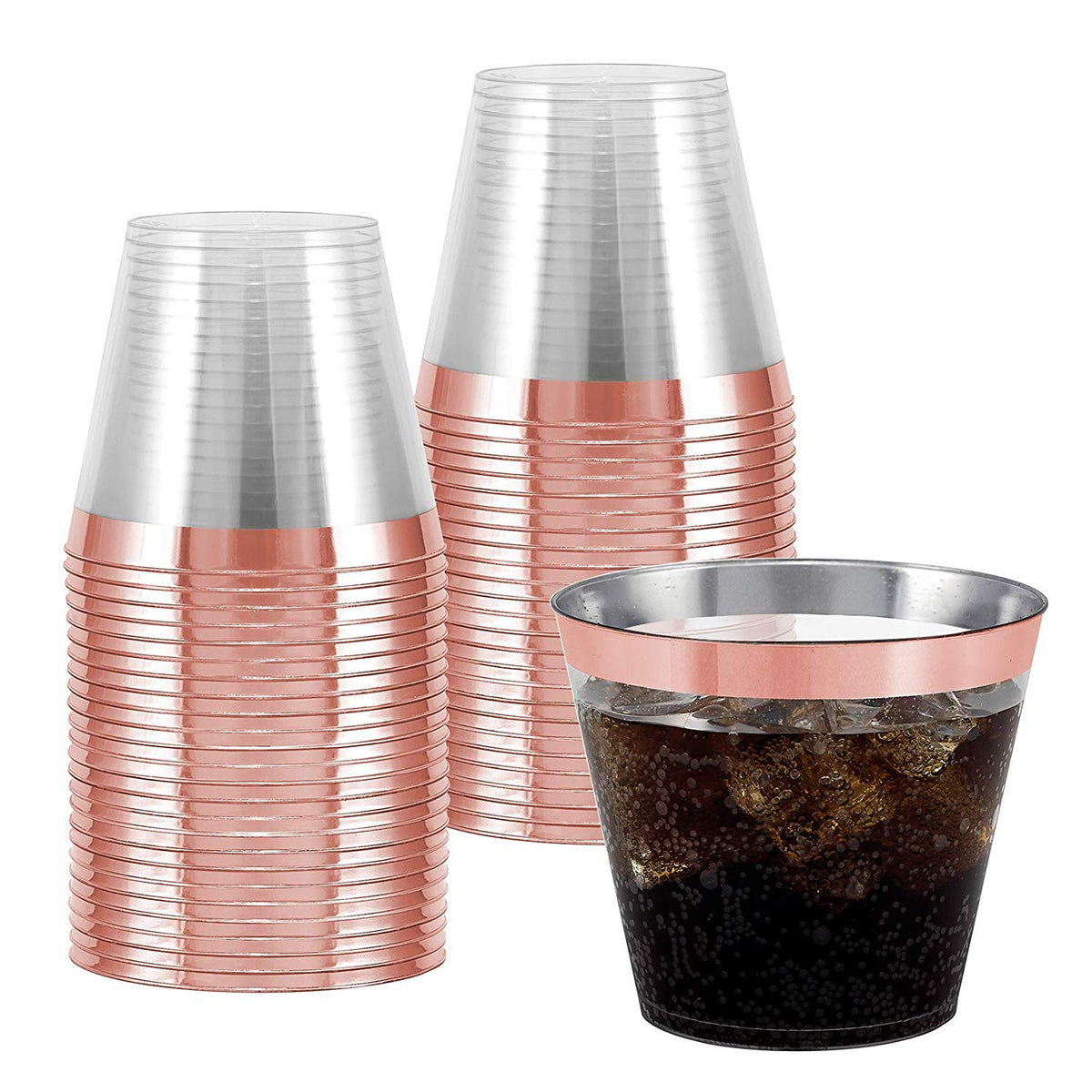 100 Rose Gold Rimmed Clear Hard Plastic Cups | 9 oz. Fancy Disposable Tumblers (100-Pack) by Bazaarqix