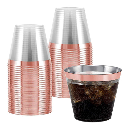 100 Rose Gold Rimmed Clear Hard Plastic Cups | 9 oz. Fancy Disposable Tumblers (100-Pack) by Bazaarqix