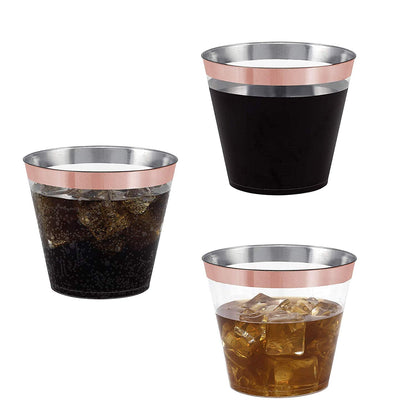 100 Rose Gold Rimmed Clear Hard Plastic Cups | 9 oz. Fancy Disposable Tumblers (100-Pack) by Bazaarqix
