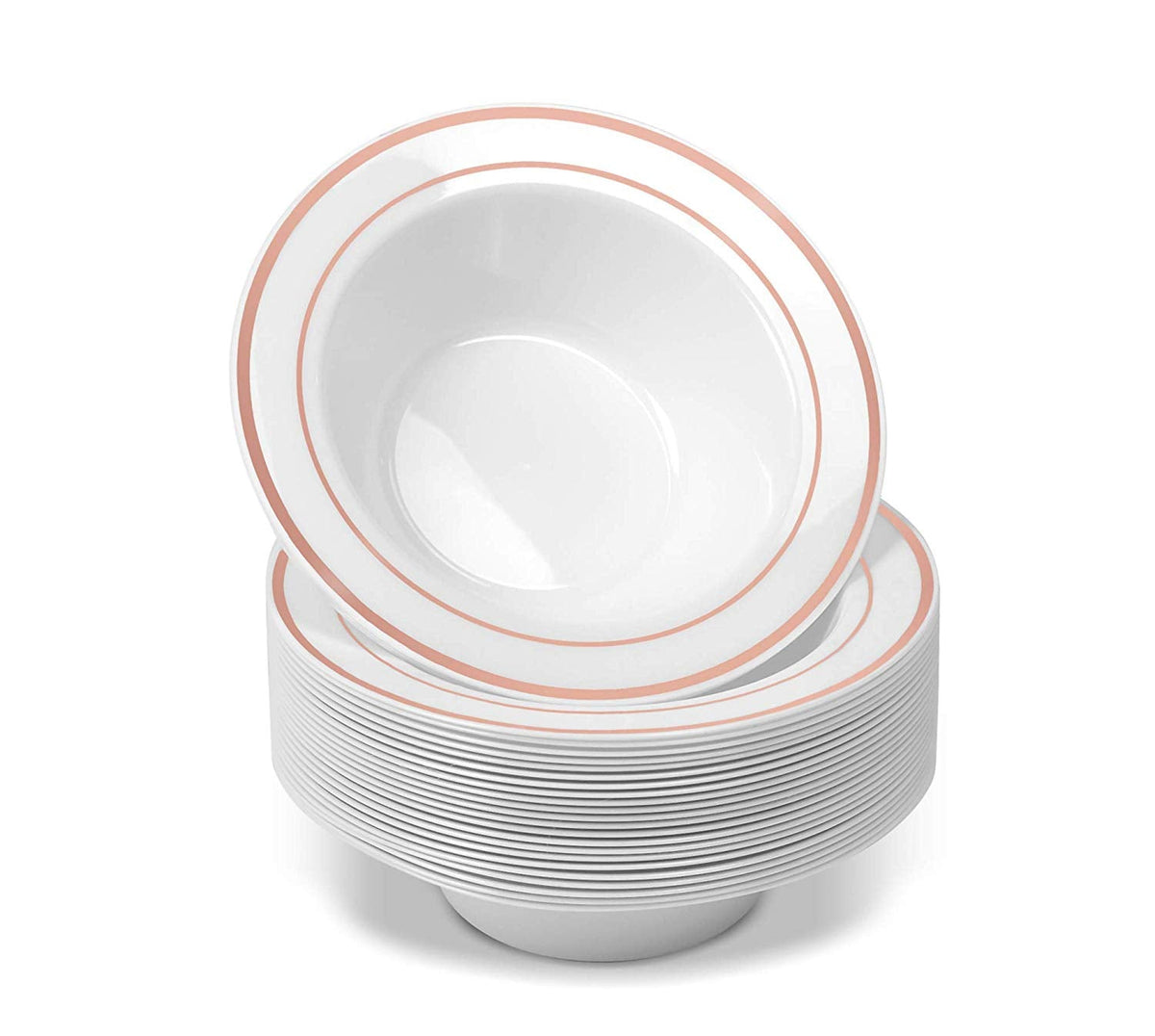 Disposable White Rose Gold Rimmed Plastic Dessert Bowls | SMALL 6 oz. Premium Heavy Duty Disposable Dinnerware with Real China Design | Safe & Reusable and Great for Parties (50-Pack) by Bazaarqix