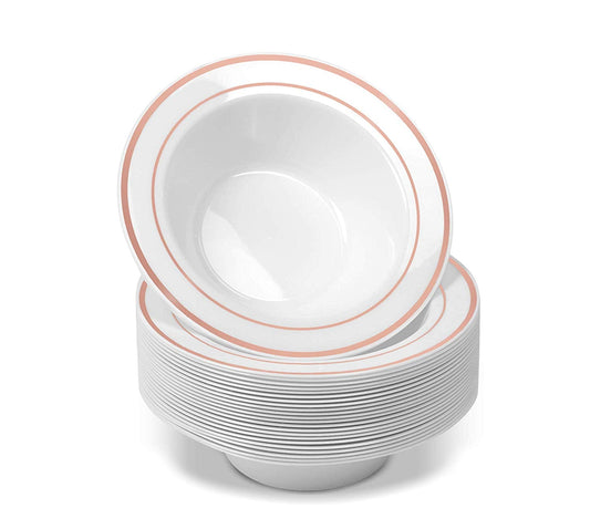 Disposable White Rose Gold Rimmed Plastic Dessert Bowls | SMALL 6 oz. Premium Heavy Duty Disposable Dinnerware with Real China Design | Safe & Reusable and Great for Parties (50-Pack) by Bazaarqix