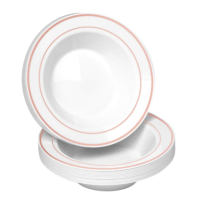 50 Disposable White with Rose Gold Trim Plastic Soup Bowls | 14 oz. Premium Heavy Duty Disposable Dinnerware with Real China Design | Safe & Reusable and Great for Parties or Weddings. (50-Pack)