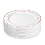50 Large Plastic Disposable Dinner Plates | 10.25 inches White with Rose Gold Rim Real China Look | Ideal for Weddings, Parties, Catering – Heavy Duty & Non-Toxic (50-Pack) by Bazaarqix