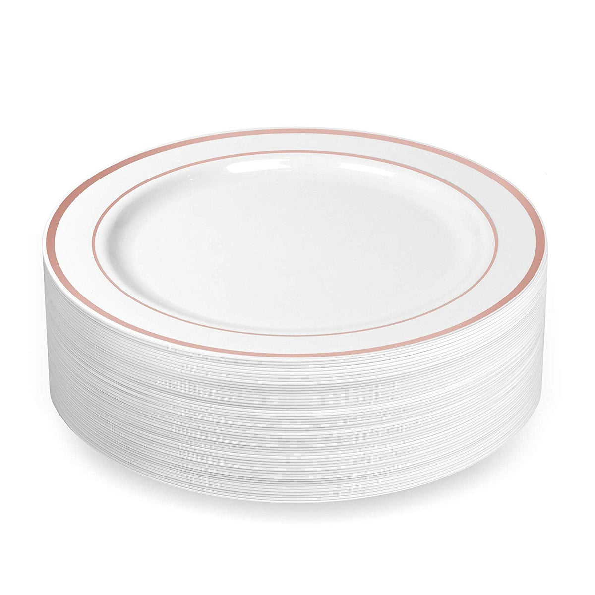 50 Large Plastic Disposable Dinner Plates | 10.25 inches White with Rose Gold Rim Real China Look | Ideal for Weddings, Parties, Catering – Heavy Duty & Non-Toxic (50-Pack) by Bazaarqix