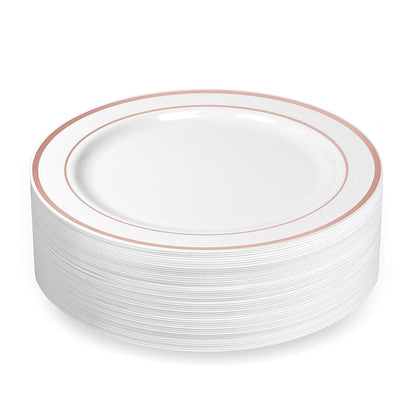 50 Large Plastic Disposable Dinner Plates | 10.25 inches White with Rose Gold Rim Real China Look | Ideal for Weddings, Parties, Catering – Heavy Duty & Non-Toxic (50-Pack) by Bazaarqix