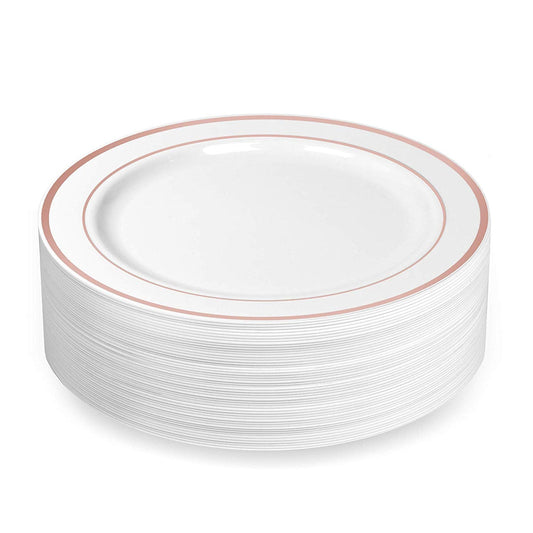 50 Large Plastic Disposable Dinner Plates | 10.25 inches White with Rose Gold Rim Real China Look | Ideal for Weddings, Parties, Catering – Heavy Duty & Non-Toxic (50-Pack) by Bazaarqix