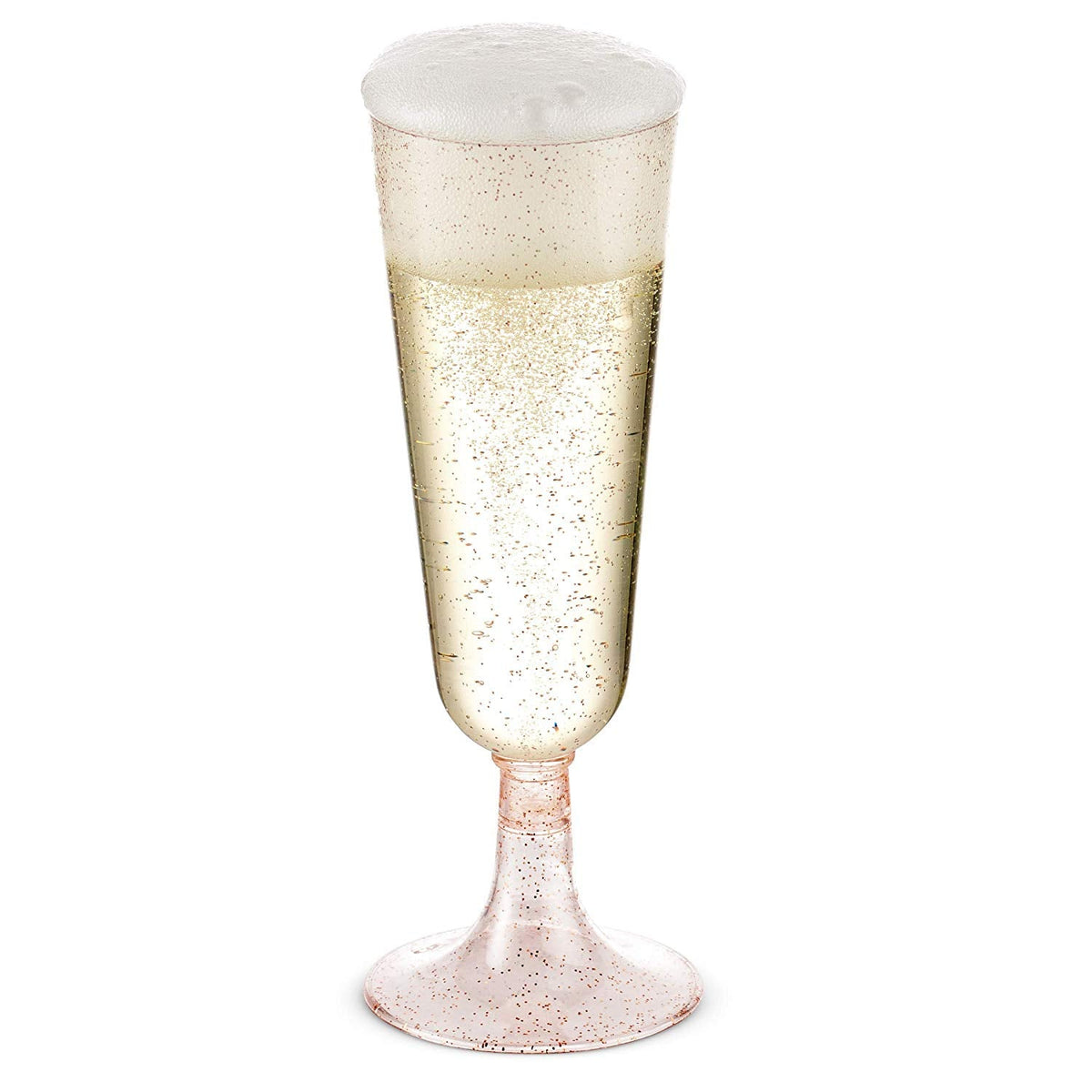 50 Plastic Rose Gold Glittered Champagne Flutes | 5.5 oz. Clear Hard Disposable Party & Wedding Cups | Premium Heavy Duty Fancy Toasting Glasses (50-Pack) Rose Gold Glitter by Bazaarqix