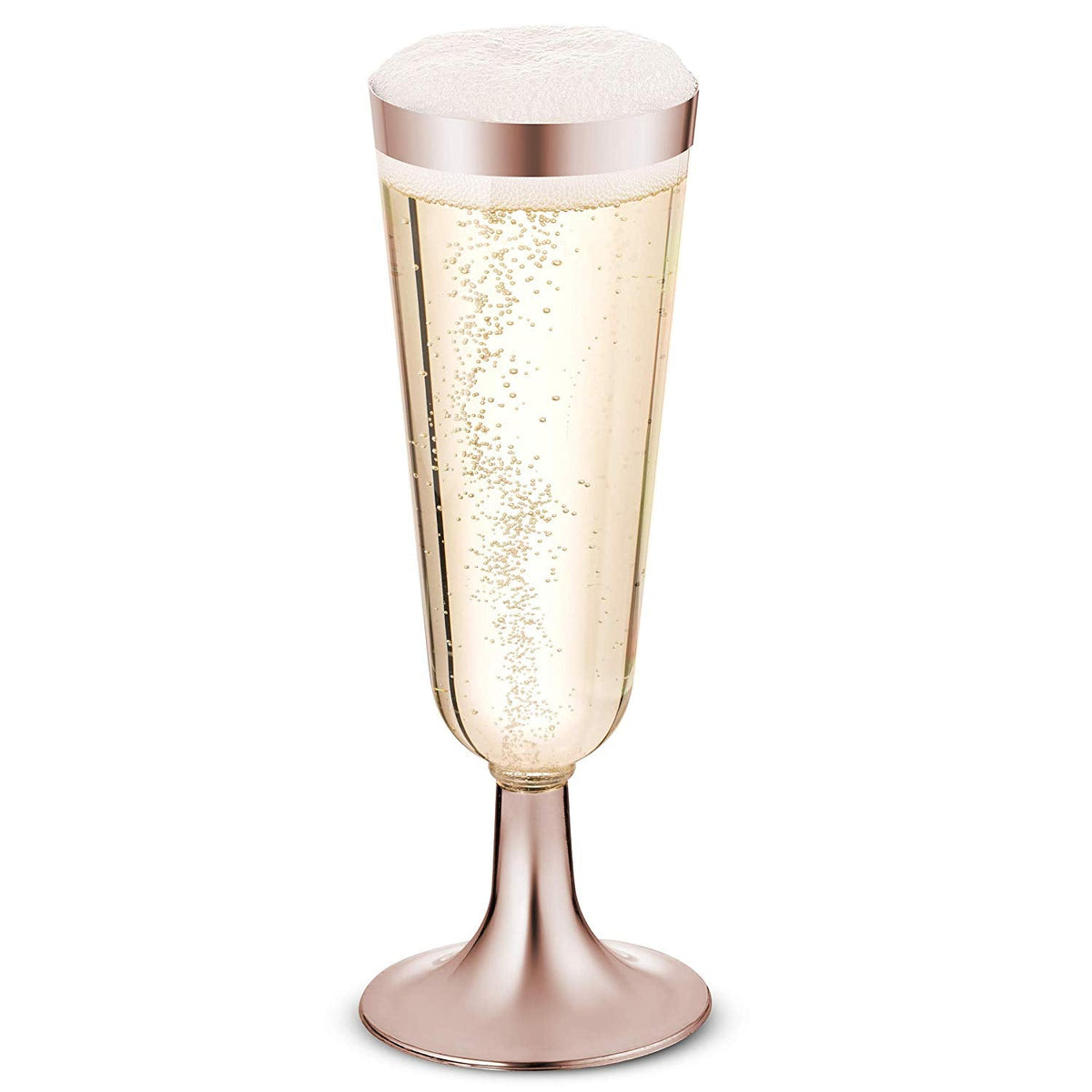 50 Plastic Rose Gold Rimmed Champagne Flutes | 5.5 oz. Clear Hard Disposable Party & Wedding Cups | Premium Heavy Duty Fancy Champagne Flute or Toasting Glasses (50-Pack) Gold Rim by Bazaarqix