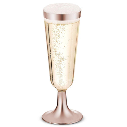 50 Plastic Rose Gold Rimmed Champagne Flutes | 5.5 oz. Clear Hard Disposable Party & Wedding Cups | Premium Heavy Duty Fancy Champagne Flute or Toasting Glasses (50-Pack) Gold Rim by Bazaarqix