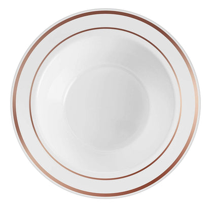 Disposable White Rose Gold Rimmed Plastic Dessert Bowls | SMALL 6 oz. Premium Heavy Duty Disposable Dinnerware with Real China Design | Safe & Reusable and Great for Parties (50-Pack) by Bazaarqix